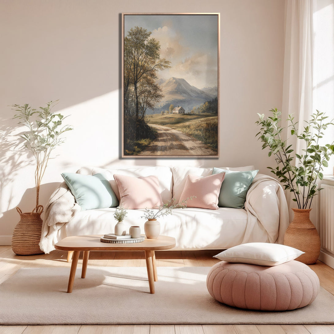 Framed Wall Art featuring a serene landscape painting with a warm, neutral color palette. Perfect for adding a touch of tranquility to your home decor.