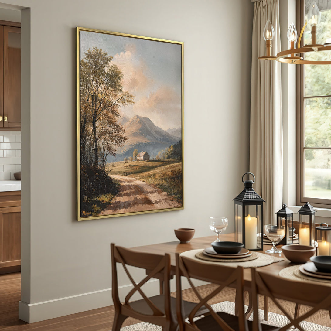 Canvas Print of a serene landscape painting in warm, neutral tones, displayed in a cozy interior setting. Perfect for rustic home decor!