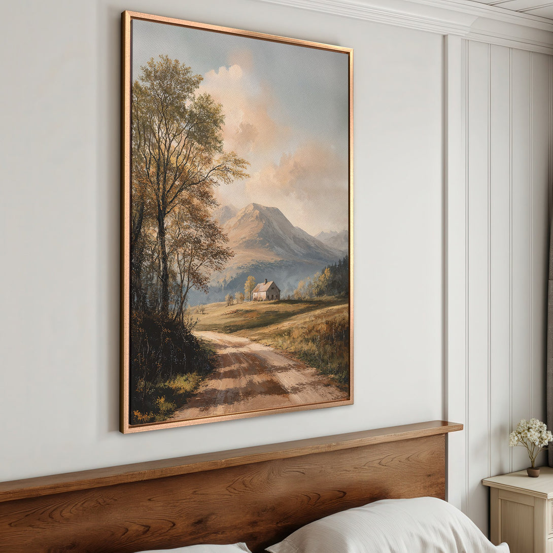 Framed Wall Art: Landscape Canvas Print with a serene countryside scene in warm, earthy tones. Perfect for adding a touch of nature to your home decor.