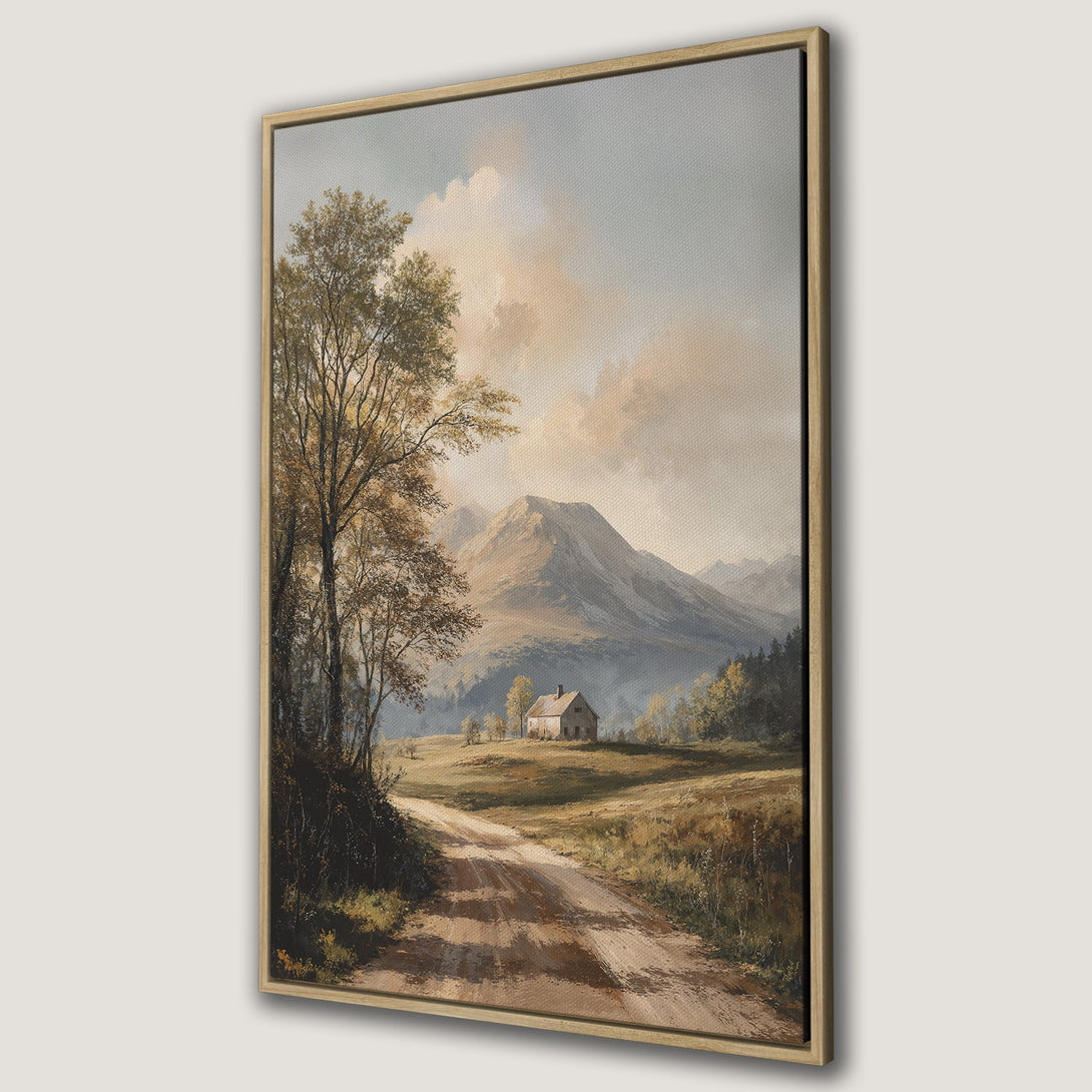 Framed Wall Art: Landscape Canvas Print with a serene country scene, featuring a dirt road, house, and mountain, in a warm, earthy color palette.
