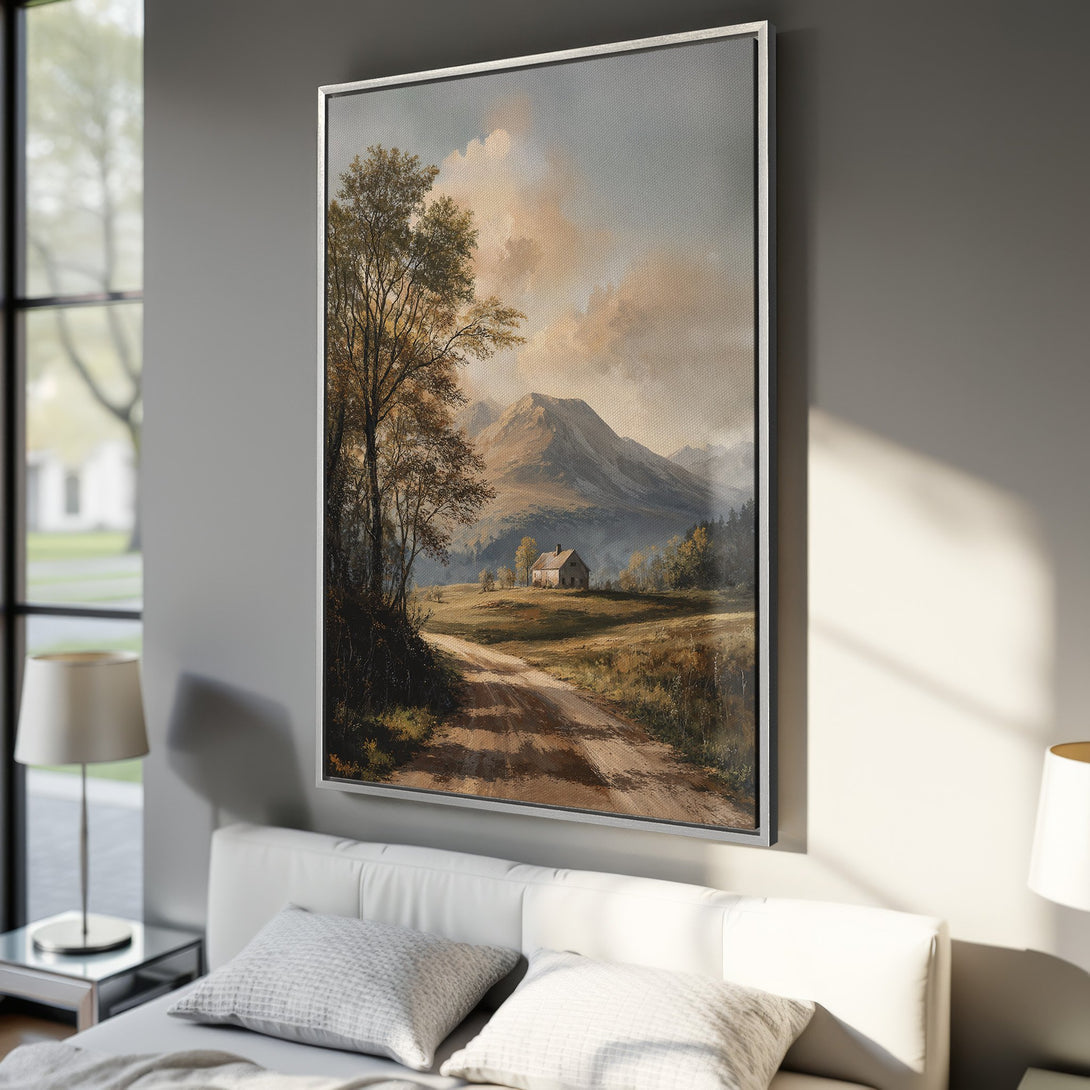Framed Wall Art: Landscape Canvas Print with warm tones. Classic painting style depicts a road leading to a house in a mountain valley. Earthy color palette.
