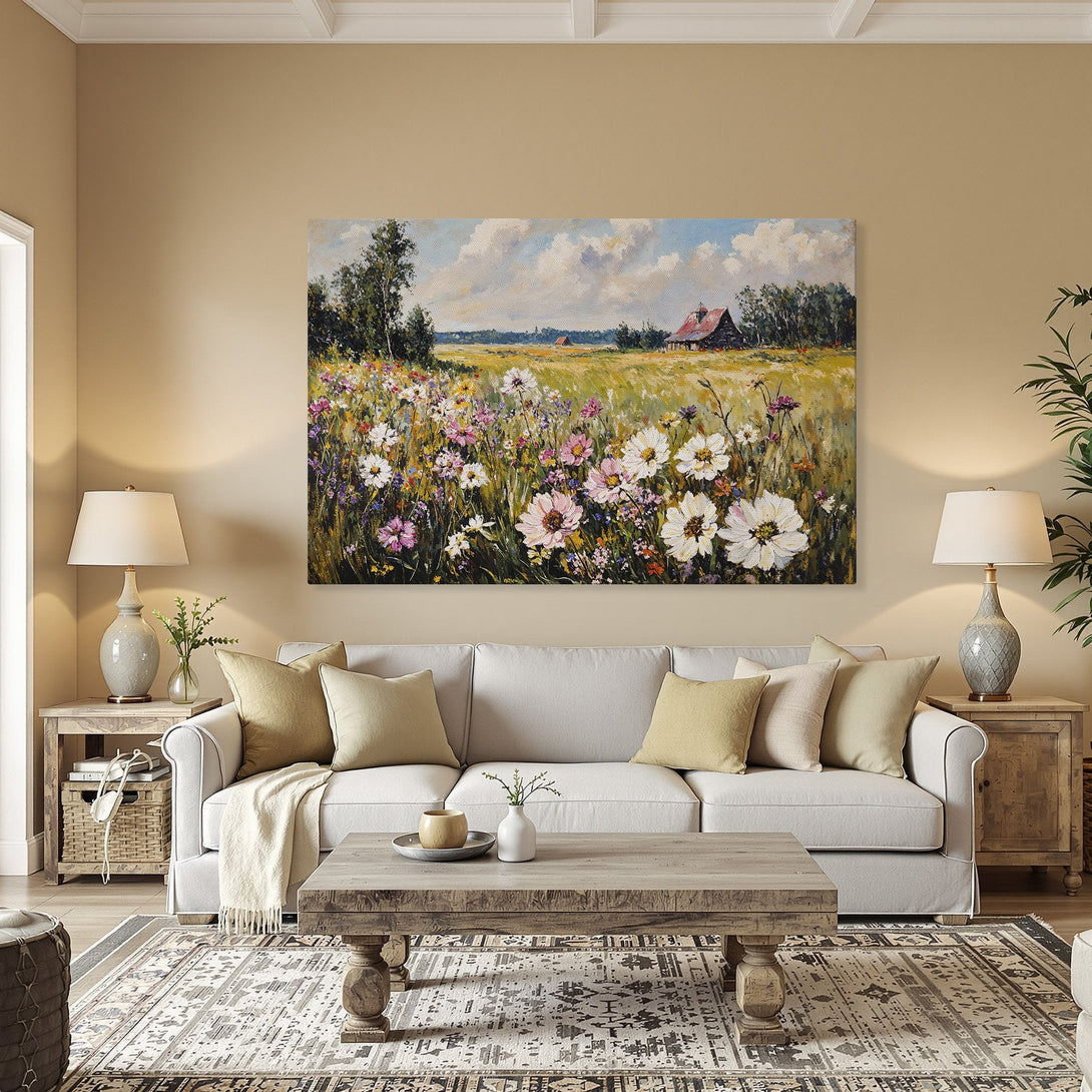 Framed Wall Art: Impressionist landscape Canvas Print with wildflowers, barn, and sky. Warm color palette, perfect for adding a touch of nature to your home.