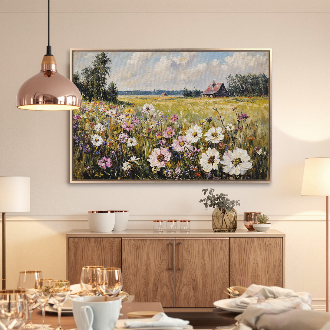 Framed Wall Art: Impressionist landscape Canvas Print with wildflowers in a warm, inviting interior. Featuring a vibrant, colorful palette.
