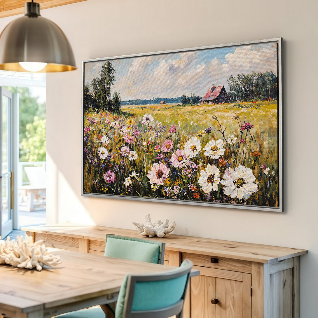 Framed Wall Art: Impressionist landscape Canvas Print with wildflowers, barn, and a warm, inviting color palette. Perfect for home decor!