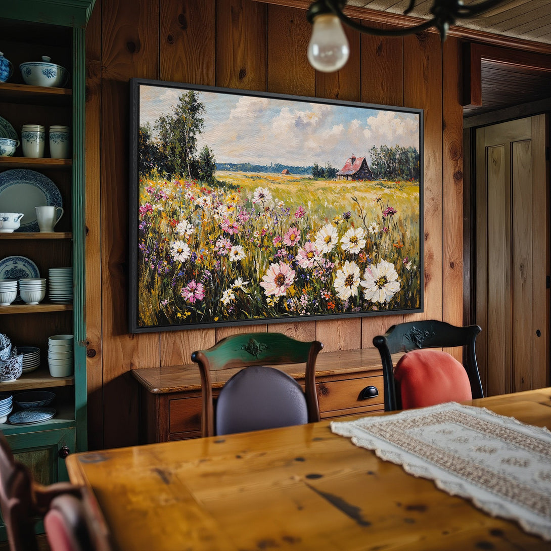 Framed Wall Art: Impressionist landscape Canvas Print with wildflowers, barn, and sky. Warm, inviting colors perfect for rustic home decor.