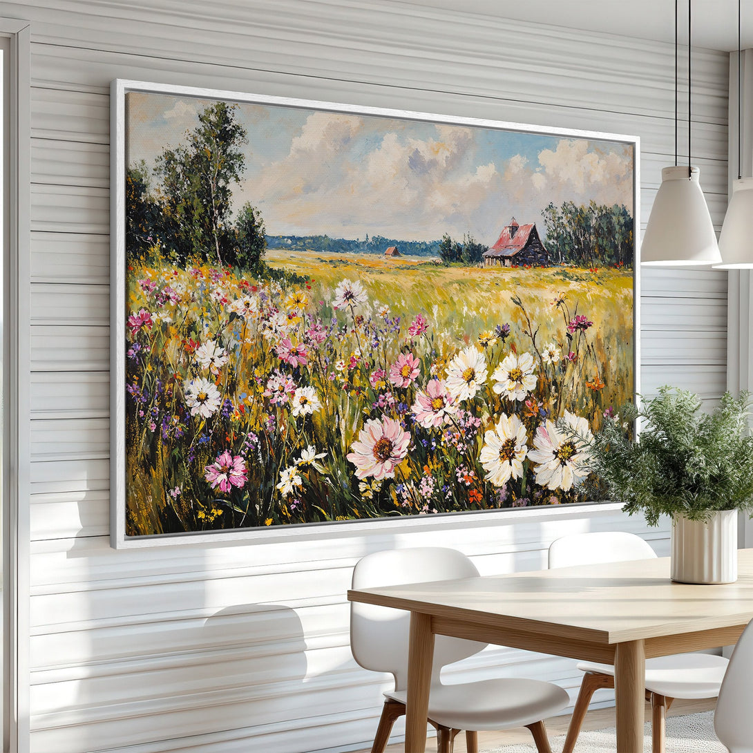 Framed Wall Art: Impressionist floral landscape Canvas Print in a bright interior. Features a colorful meadow with a warm, inviting palette.