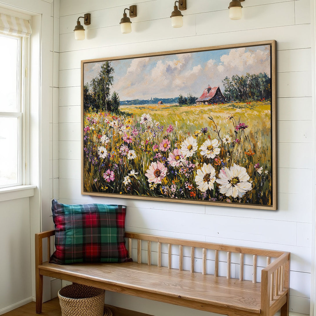 Framed Wall Art: Impressionist landscape Canvas Print with wildflowers in a warm, inviting color palette. Perfect for adding a touch of nature to your home!
