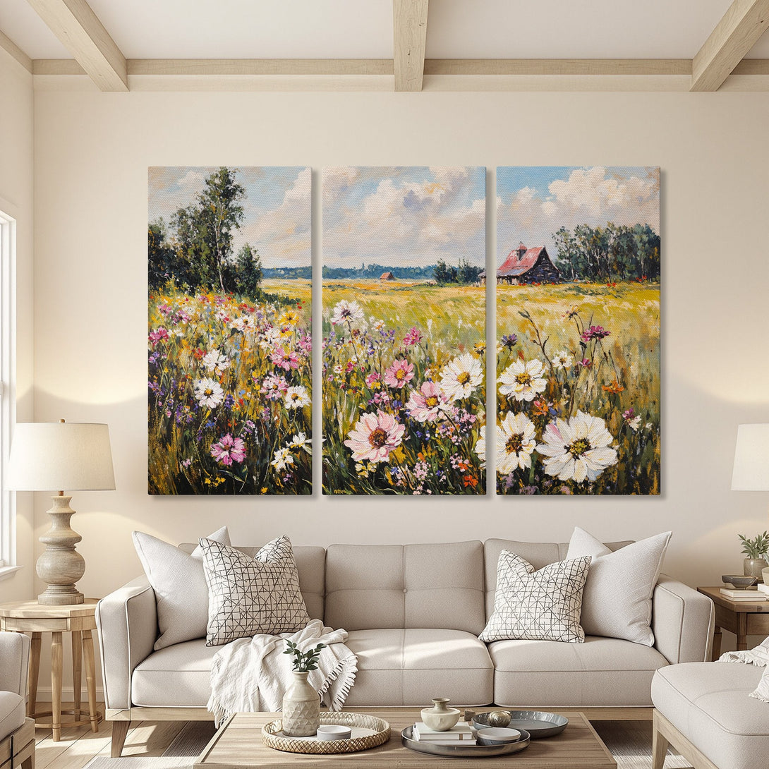 Canvas Print of a vibrant field painting with a barn, featuring a warm, colorful palette. Perfect for adding a touch of nature to your home.