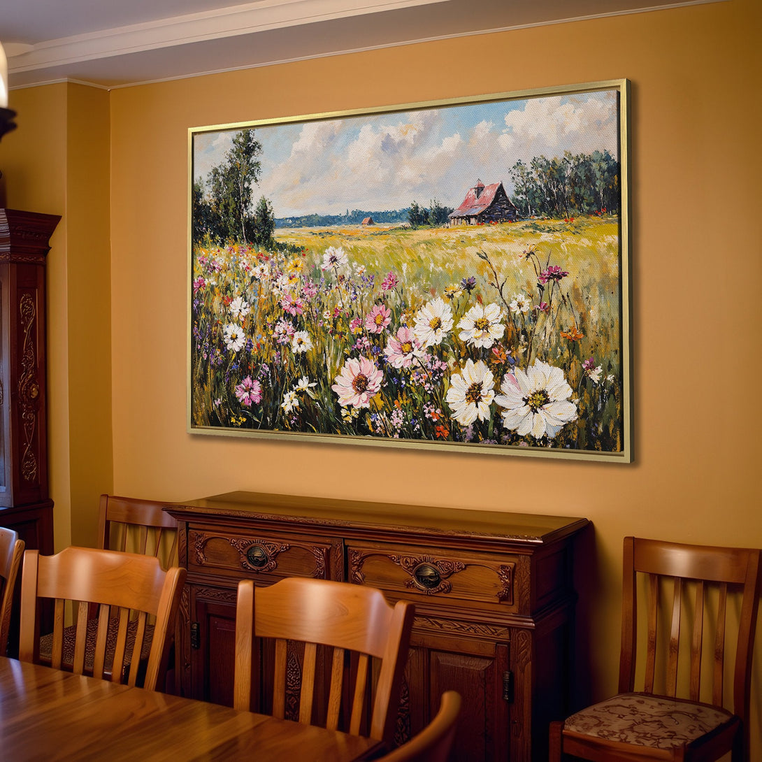 Canvas Print of a vibrant wildflower field painting. Warm, inviting colors in a rustic style, perfect for adding charm to your home.