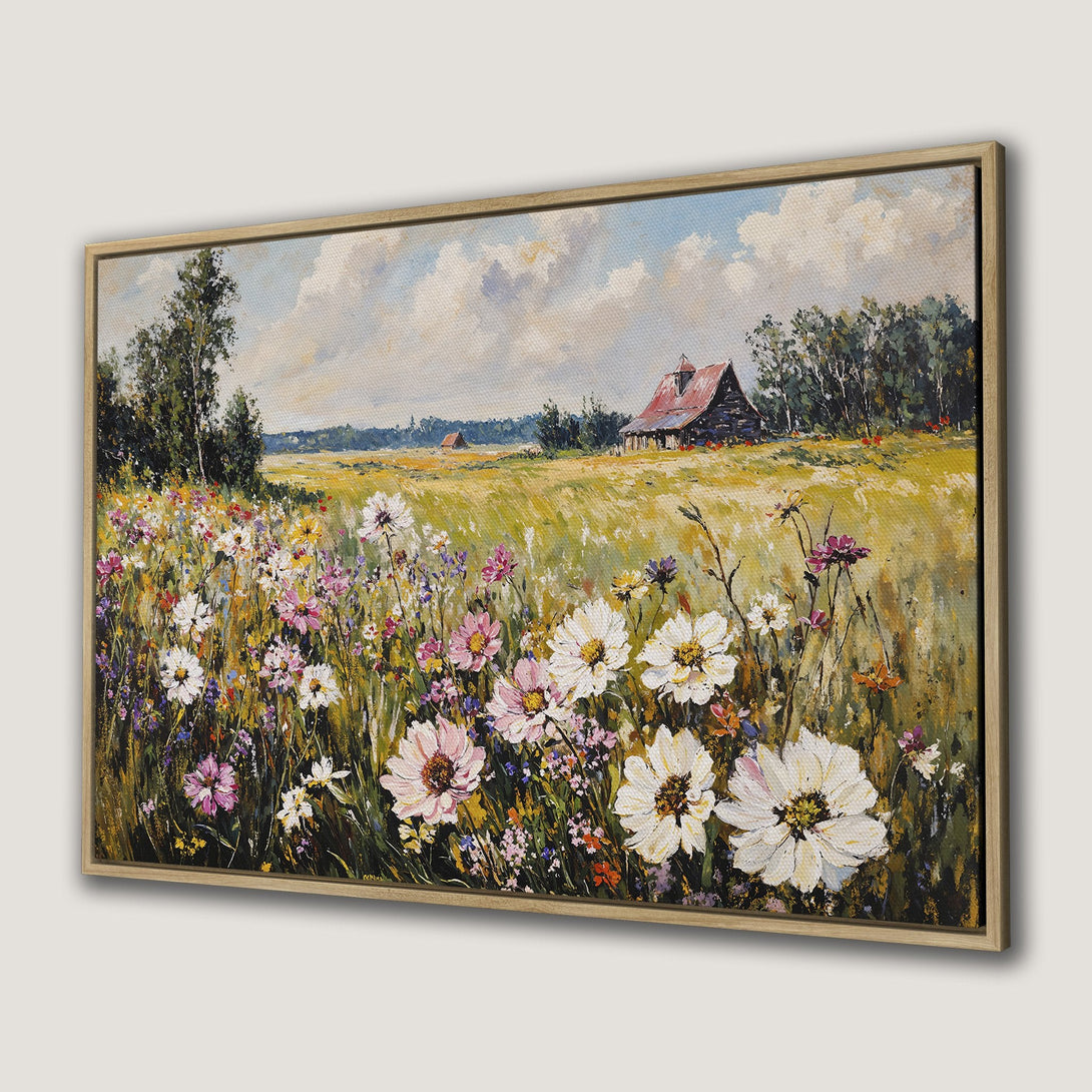 Framed Wall Art: Impressionist landscape Canvas Print of wildflowers and barn, featuring a warm, vibrant color palette.