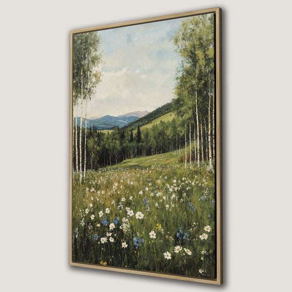 Framed Wall Art: Landscape painting of a meadow with trees and mountains, in a natural color palette of greens, blues, and whites. Perfect for home decor.