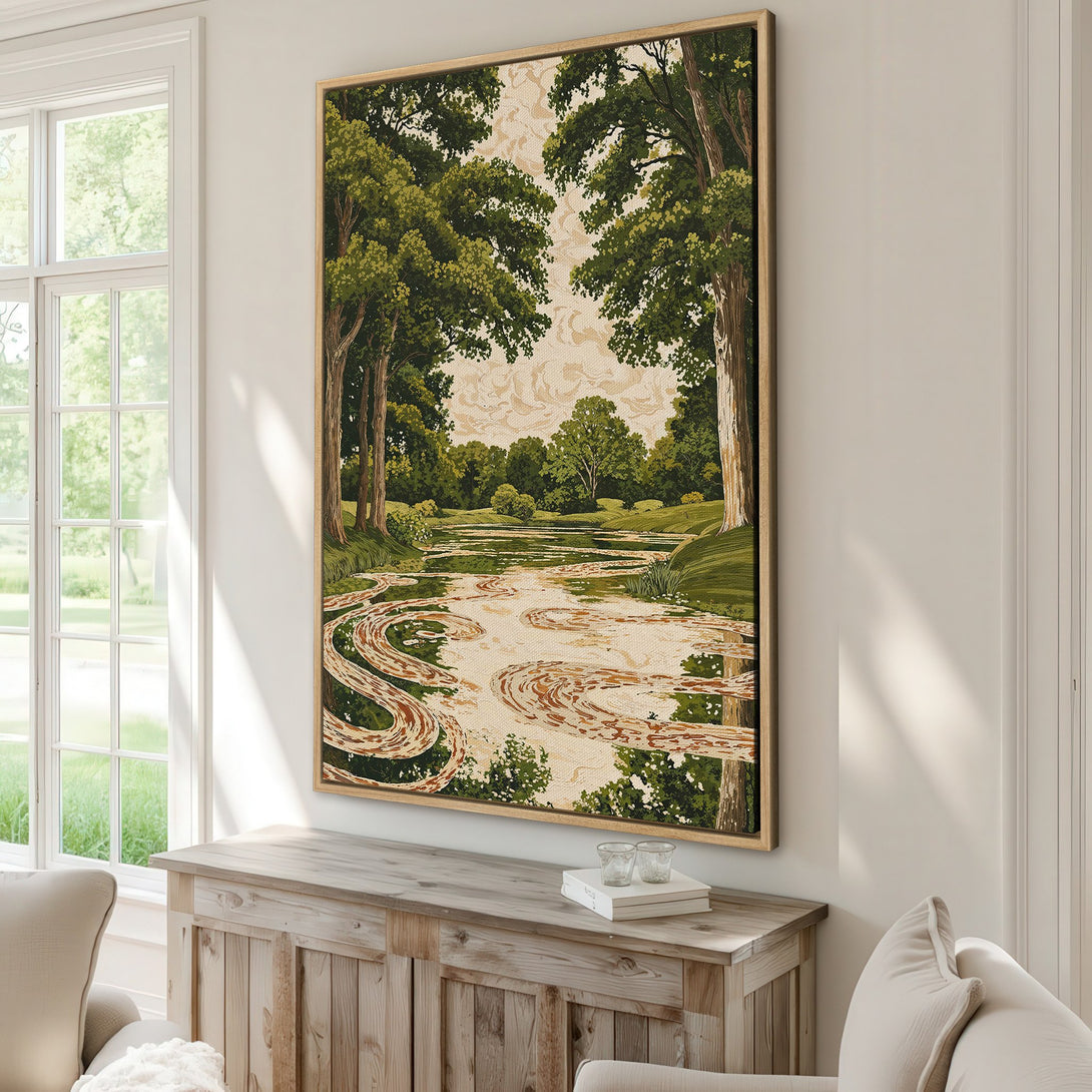 Framed Wall Art featuring a serene landscape scene with a river, trees, and a neutral color palette. Bring nature indoors with this beautiful artwork.