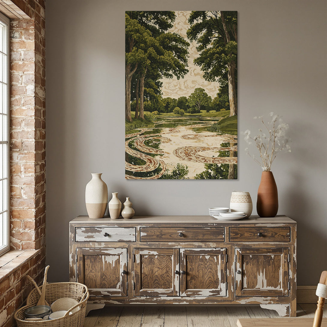 Framed Wall Art of a serene river landscape with green trees and a beige background, displayed in a dining room with warm, neutral tones.