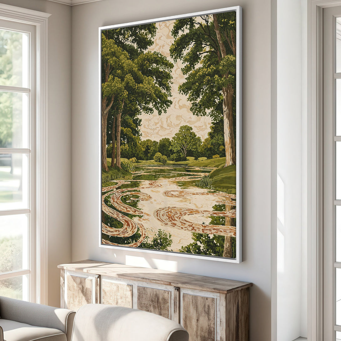 Framed Wall Art: Serene landscape Canvas Print with a river scene, featuring green and brown tones, perfect for adding a touch of nature to your home decor.