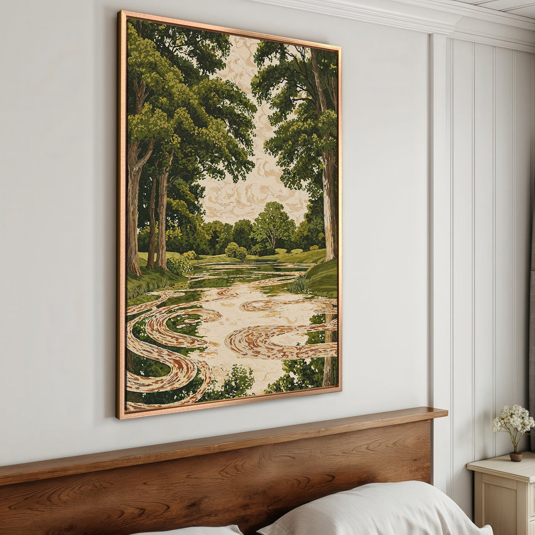 Framed Wall Art: Serene landscape Canvas Print with a river scene in green and beige tones. Perfect for adding a touch of nature to your home decor.