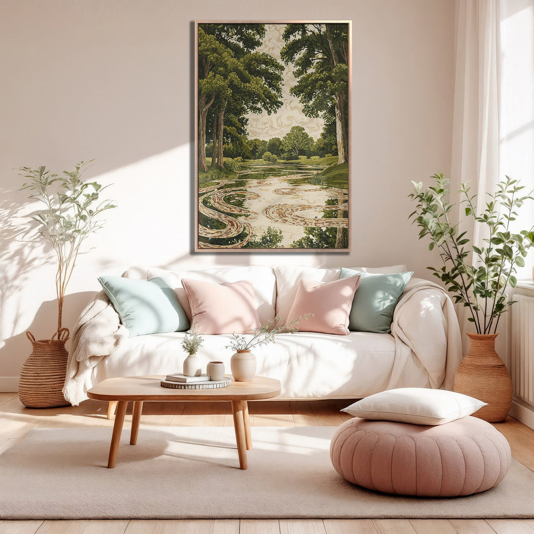 Framed Wall Art of a serene landscape, featuring a river and trees. Earthy tones and soft greens create a calming atmosphere, perfect for any living space.