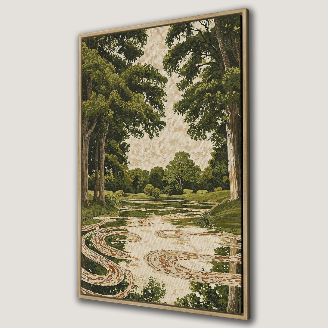 Framed Wall Art of a serene river landscape. Earthy tones of green, brown, and beige create a calming, nature-inspired aesthetic. Perfect for any space.