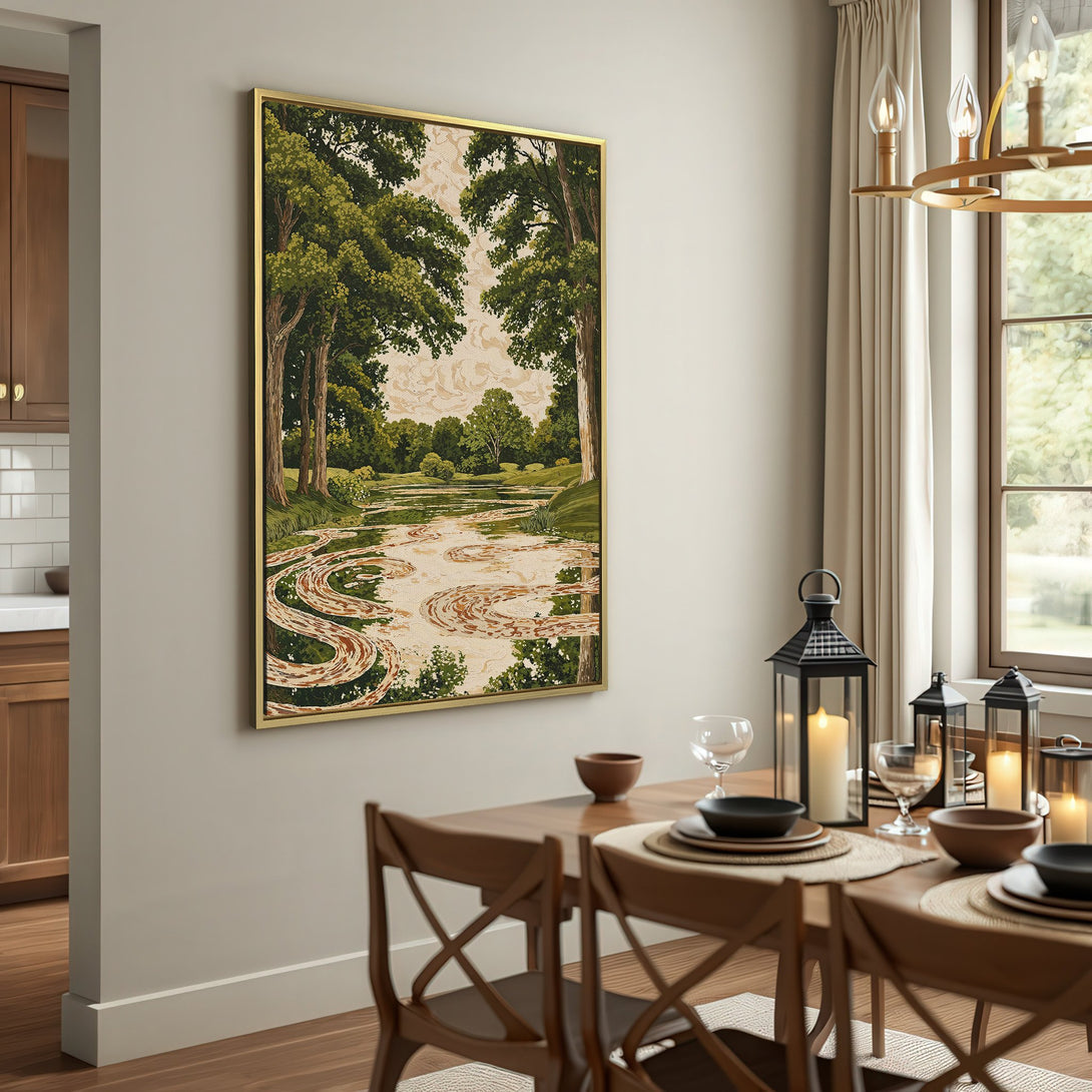 Canvas Print of serene landscape, vintage style, featuring a river scene with green and beige tones. Perfect wall art for any room.