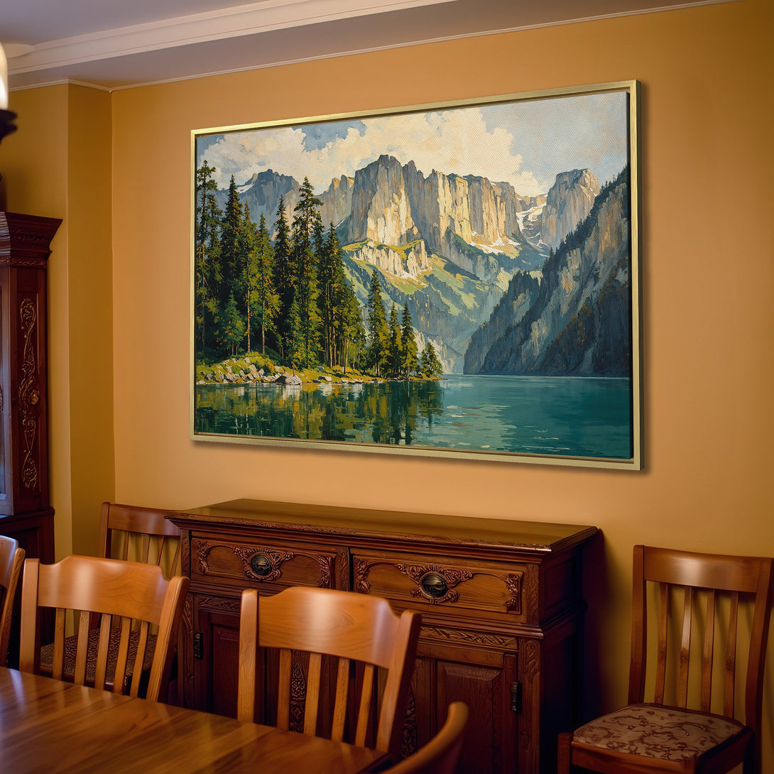 Canvas Print of a serene mountain lake landscape painting in a neutral, warm interior. Features a cool blue and green palette.