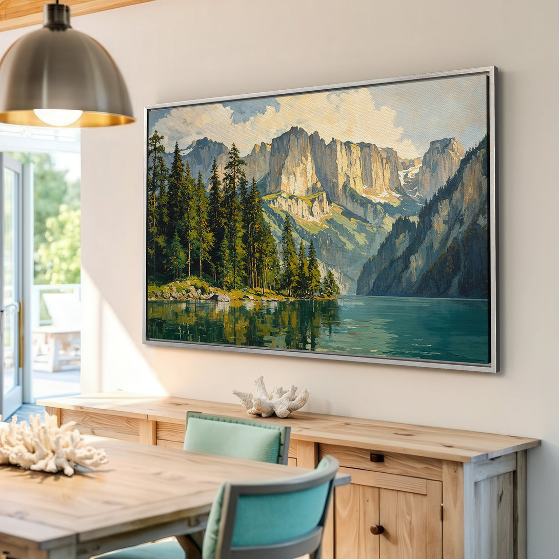 Framed Wall Art featuring a serene mountain lake scene in a vintage style. Earthy tones and teal water create a calming aesthetic for any interior.