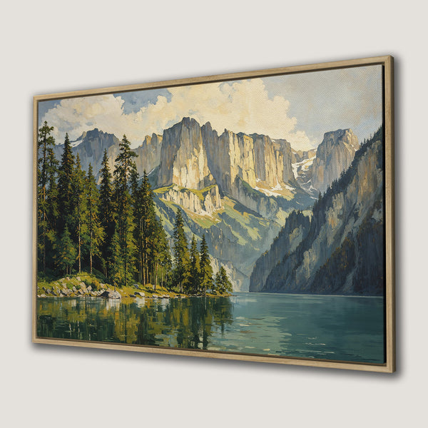 Framed Wall Art: Mountain lake landscape painting in muted greens, blues, and golds. Perfect for adding a touch of nature's beauty to your home decor.
