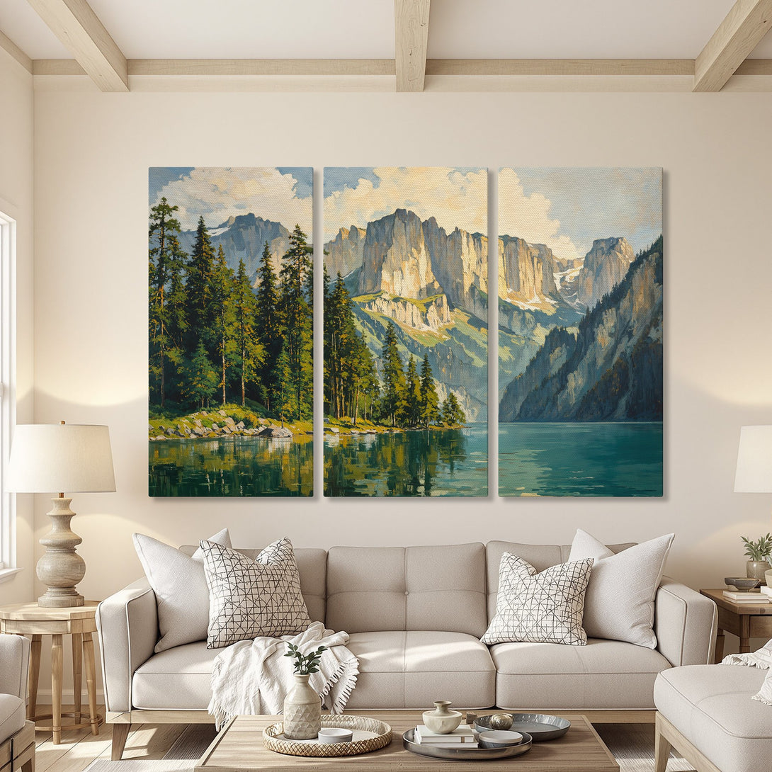 Canvas Print triptych of a mountain lake scene in a classic style with green, blue, and beige tones, perfect for living room decor.