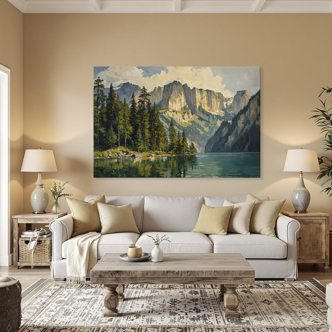 Framed Wall Art: Mountain lake landscape painting in a classic style with a serene blue, green, and beige color palette. Perfect for home decor.