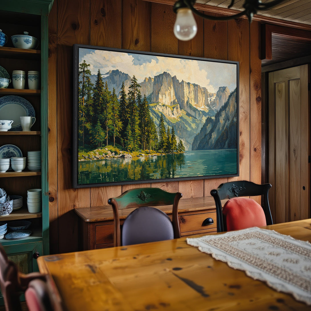 Framed Wall Art of a mountain lake scene. Earthy tones and cool blues create a serene landscape. Perfect for adding a touch of nature to your home.
