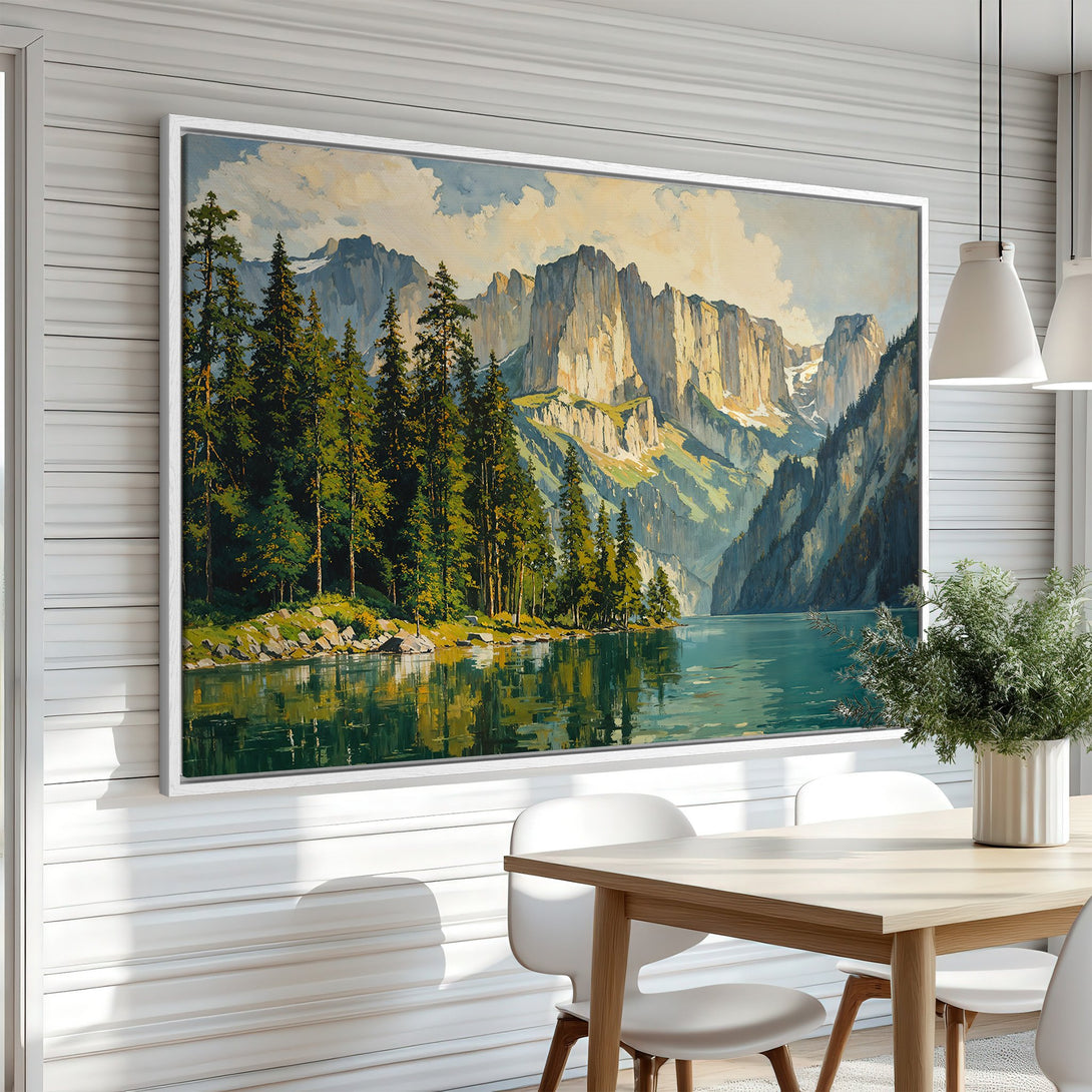 Framed Wall Art of a serene mountain lake landscape in a warm, natural color palette. Bring the beauty of nature into your home with this stunning Canvas Print.