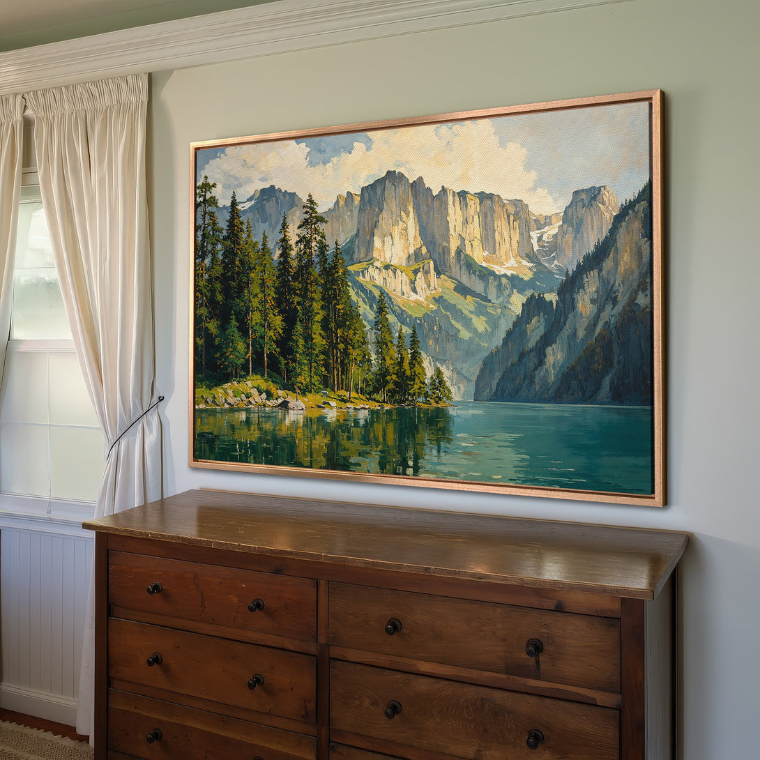 Framed Wall Art: Stunning landscape Canvas Print of mountains and lake, featuring a serene color palette. Perfect for adding nature-inspired art to your home.