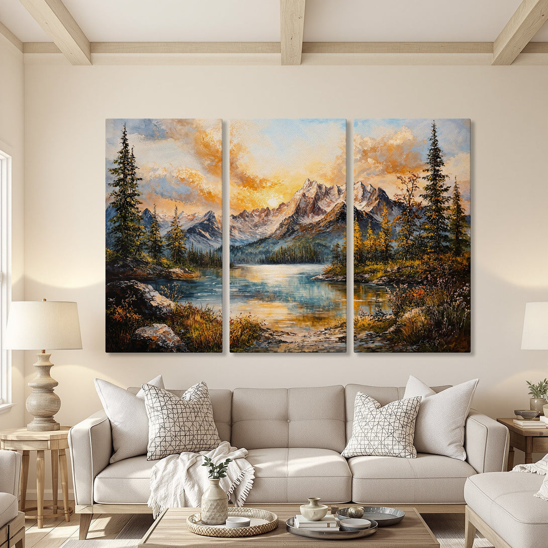 Canvas Print of a mountain lake landscape painting. Warm, vibrant colors and a classic style create a cozy, inviting atmosphere. Perfect wall art!