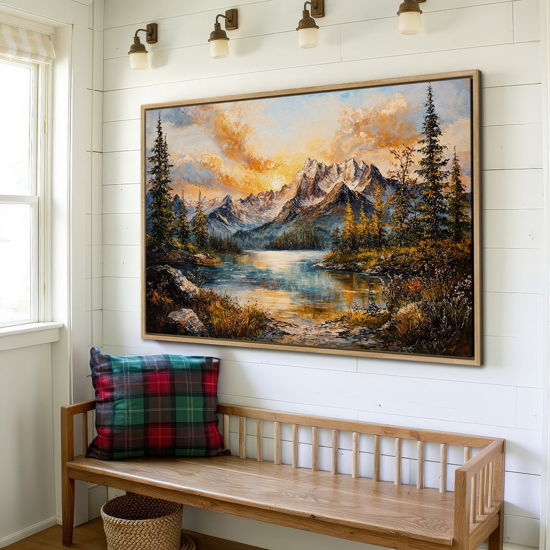 Framed Wall Art: Mountain lake landscape canvas print in warm orange, blue, and green tones. Rustic style art perfect for adding a cozy touch to your home.