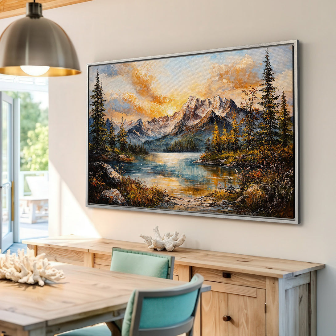 Framed Wall Art: Majestic mountain lake landscape in warm sunset hues. Add a touch of nature's beauty to your home with this stunning canvas print.