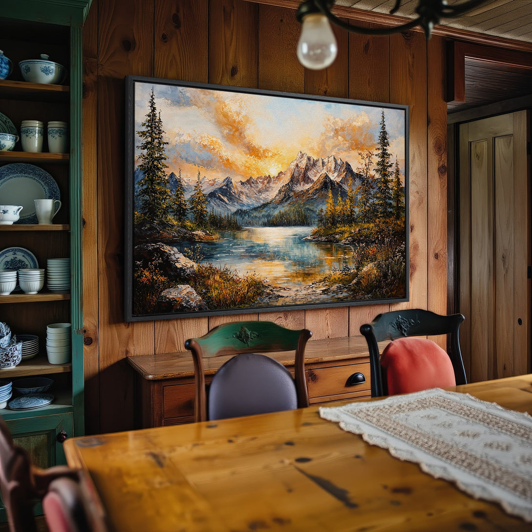 Framed Wall Art: Mountain landscape Canvas Print with warm sunset hues. Rustic style art in a cozy dining room setting, perfect for home decor.