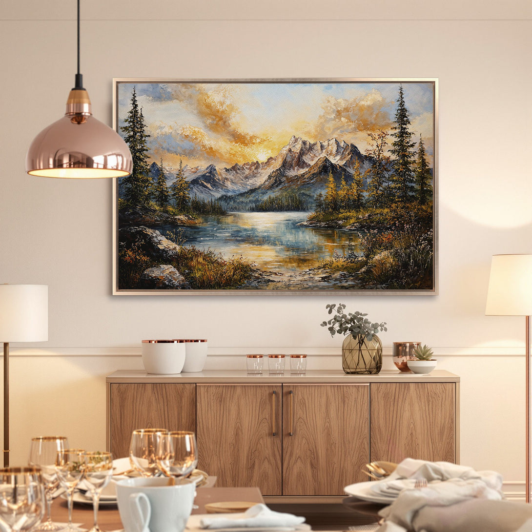 Framed Wall Art: Majestic mountain landscape Canvas Print in warm, earthy tones. Bring the beauty of nature into your home!