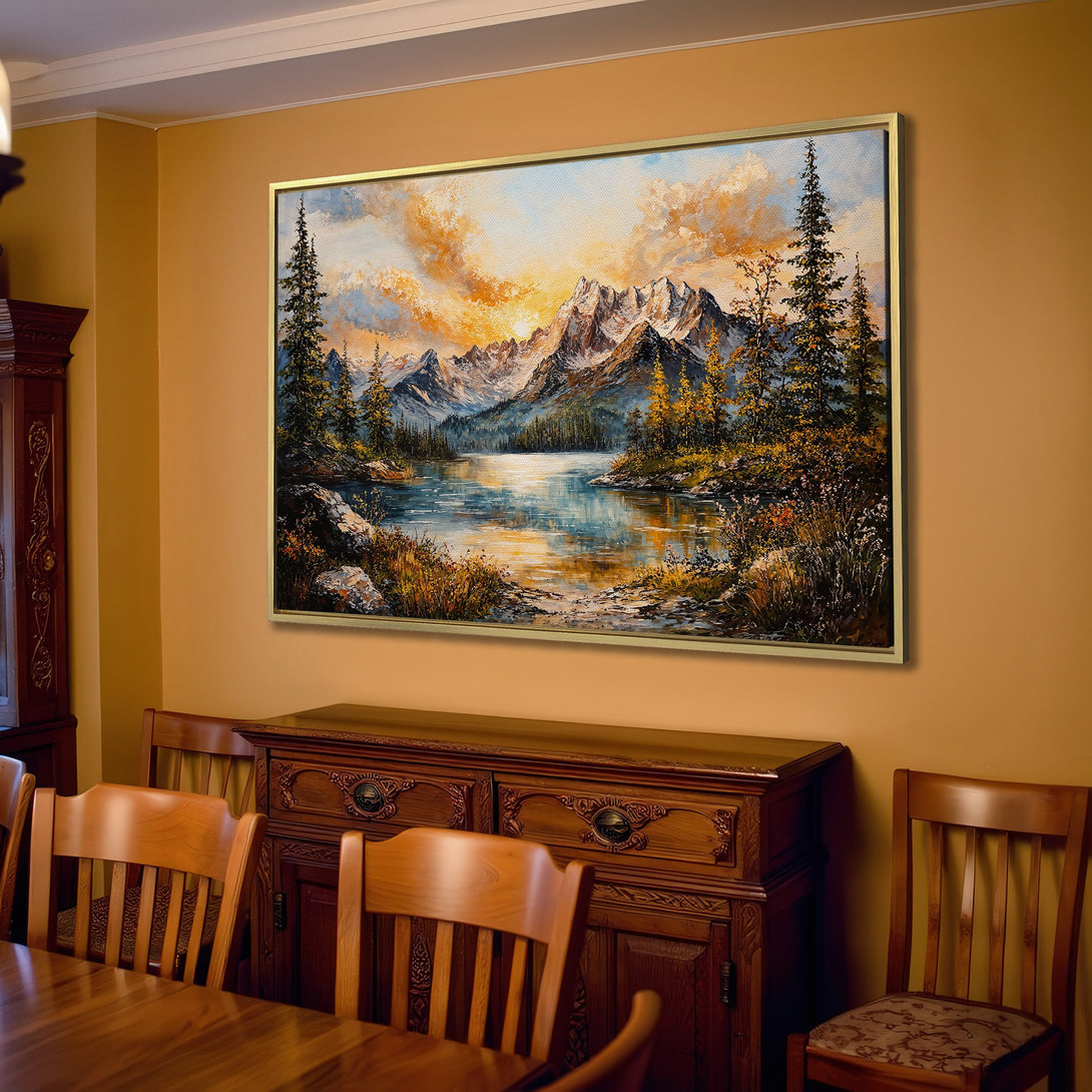 Canvas Print of a mountain landscape painting in a warm, inviting living room. Features a vibrant sunset, with a natural color palette.