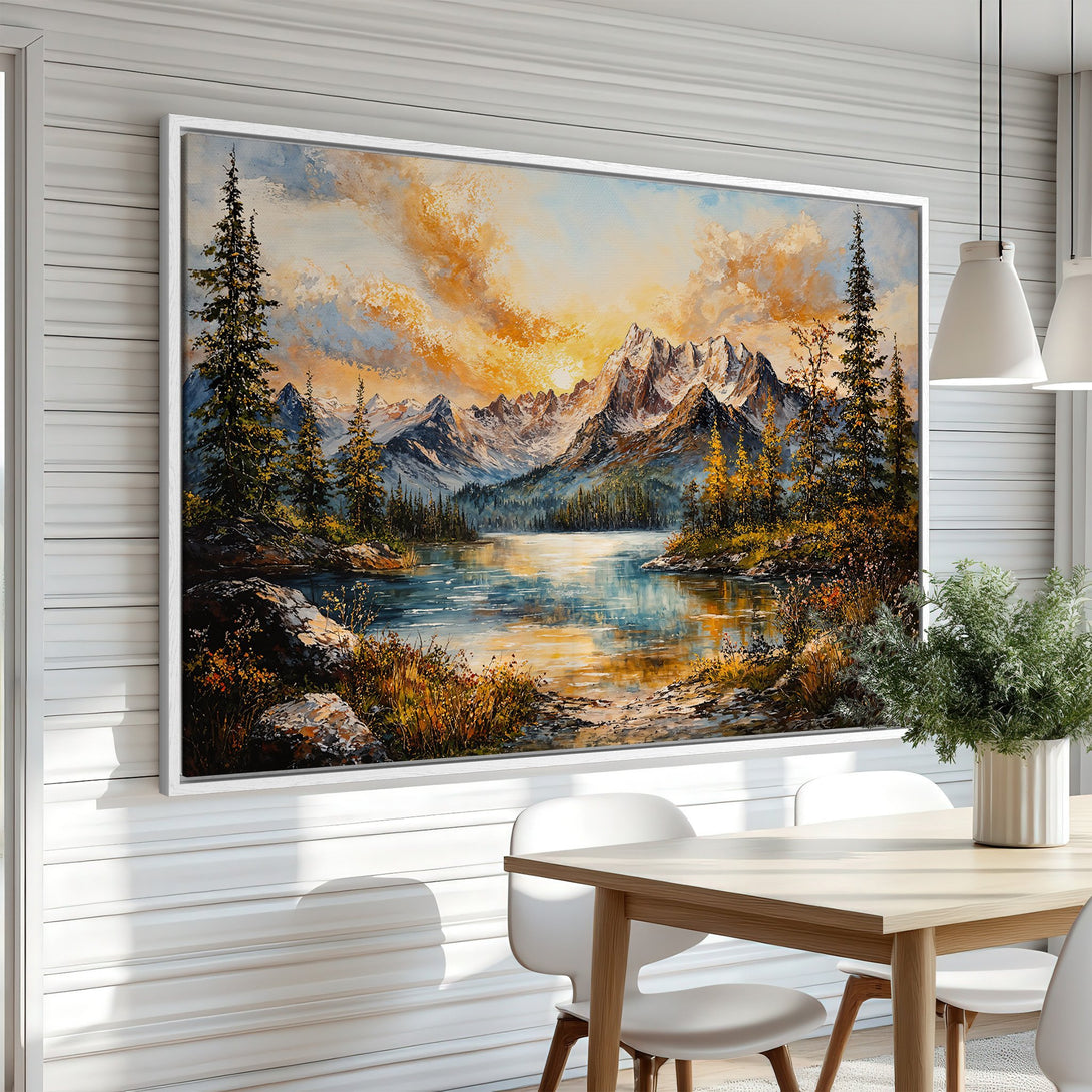 Framed Wall Art: Mountain landscape Canvas Print with warm sunset colors. Stunning wall decor for living room, bedroom, or dining area. Enhance your home's aesthetic.
