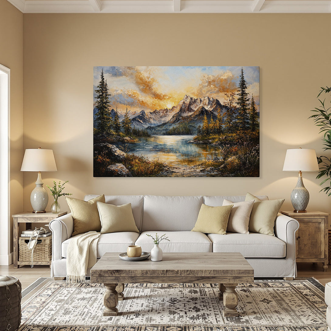Framed Wall Art: Majestic mountain landscape Canvas Print in warm tones. Perfect for adding a touch of nature's beauty to your home decor.