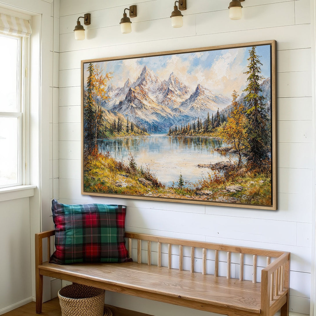 Framed Wall Art: Mountain landscape canvas print with a serene lake scene. Earthy tones of blue, green, and gold create a calming, rustic aesthetic. Perfect for home decor.