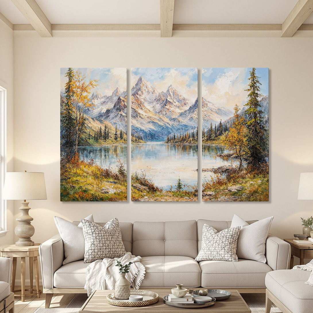 Canvas Print of a serene mountain lake landscape painting. Warm, inviting color palette with blues, greens, and golds. Perfect for living room decor.