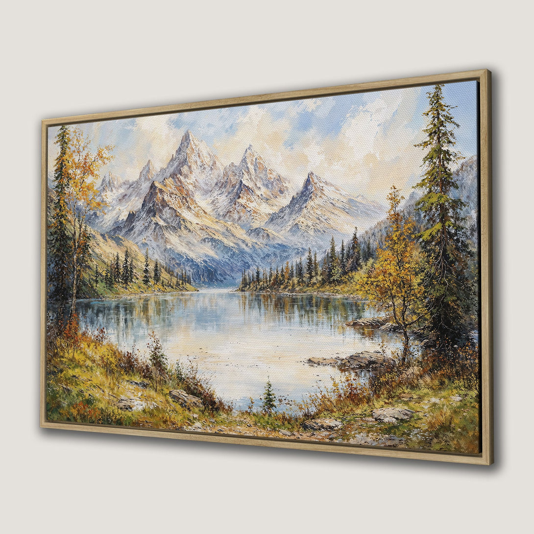 Framed Wall Art: Majestic mountain lake landscape painting in warm earth tones and cool blues. Perfect for adding a touch of nature to your home decor.