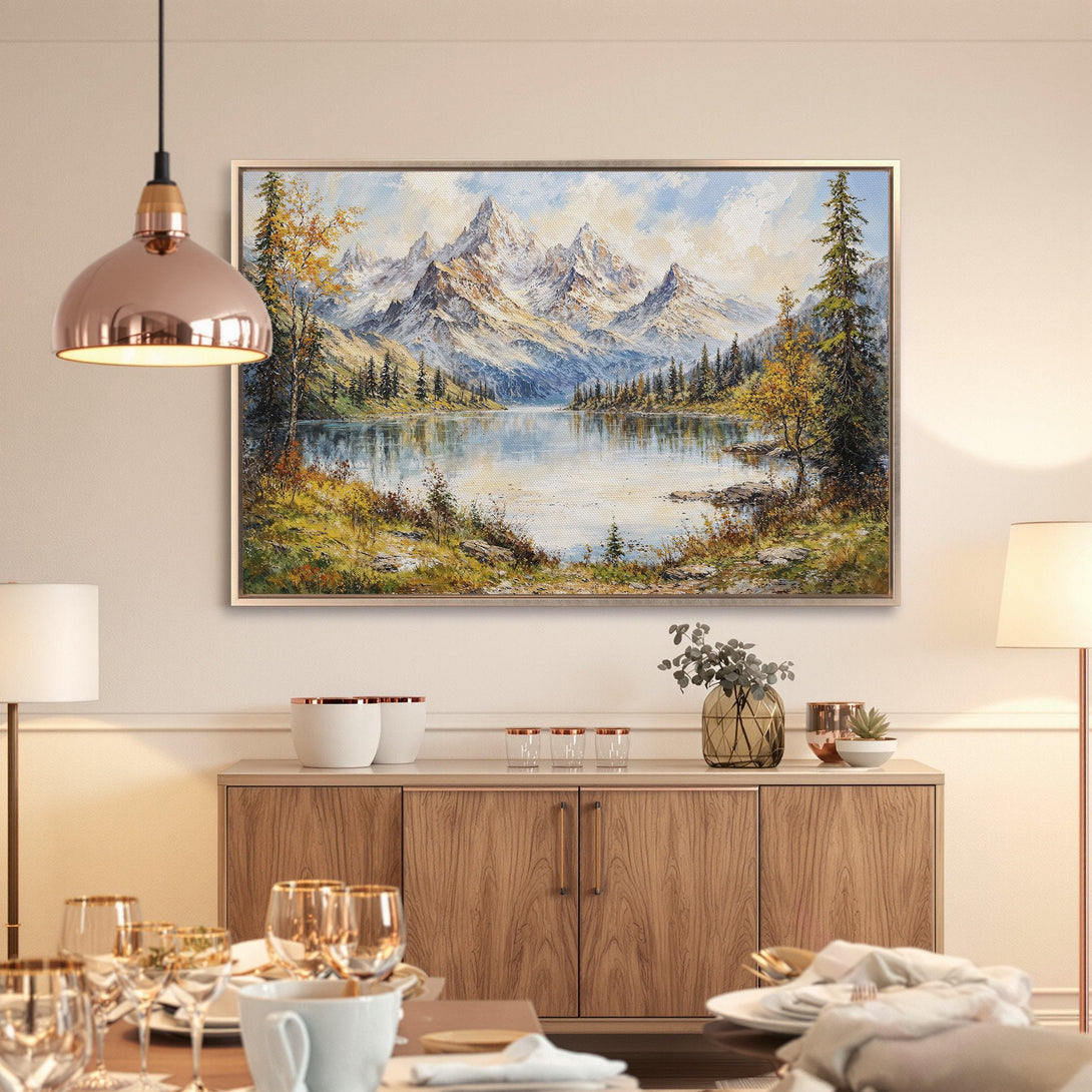 Framed Wall Art: Mountain lake landscape painting in cool blues and greens. Perfect for adding a touch of nature to your home decor.