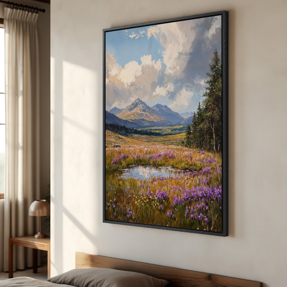 Framed Wall Art: Mountain landscape painting with vibrant purple wildflowers. Earthy tones and blue sky create a serene, artistic Canvas Print for your home.