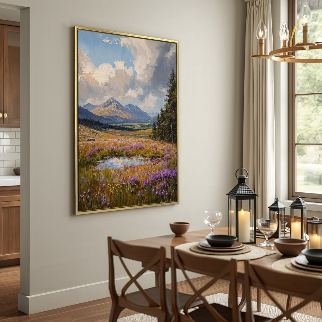 Canvas Print of a serene mountain landscape painting in a rustic interior. Features a natural color palette with purples and greens.