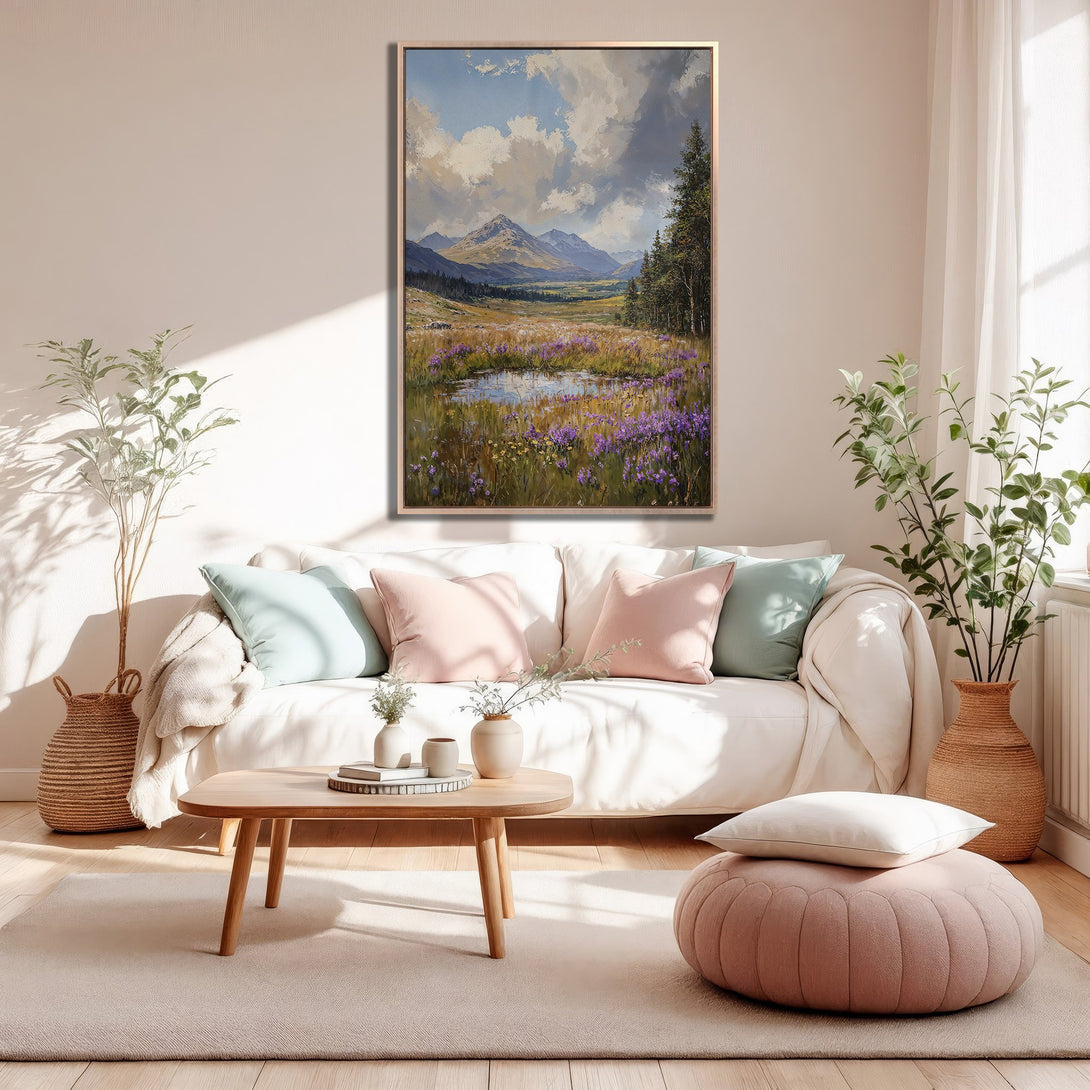 Framed Wall Art of a serene landscape with mountains and wildflowers. Soft, pastel color palette adds a touch of tranquility to any space. Shop now!