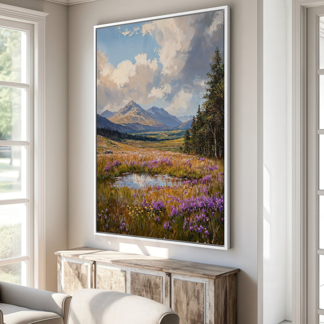 Framed Wall Art: Landscape painting of mountains & wildflowers. Impressionistic style with a warm, earthy color palette. Perfect for adding nature's beauty to your home.