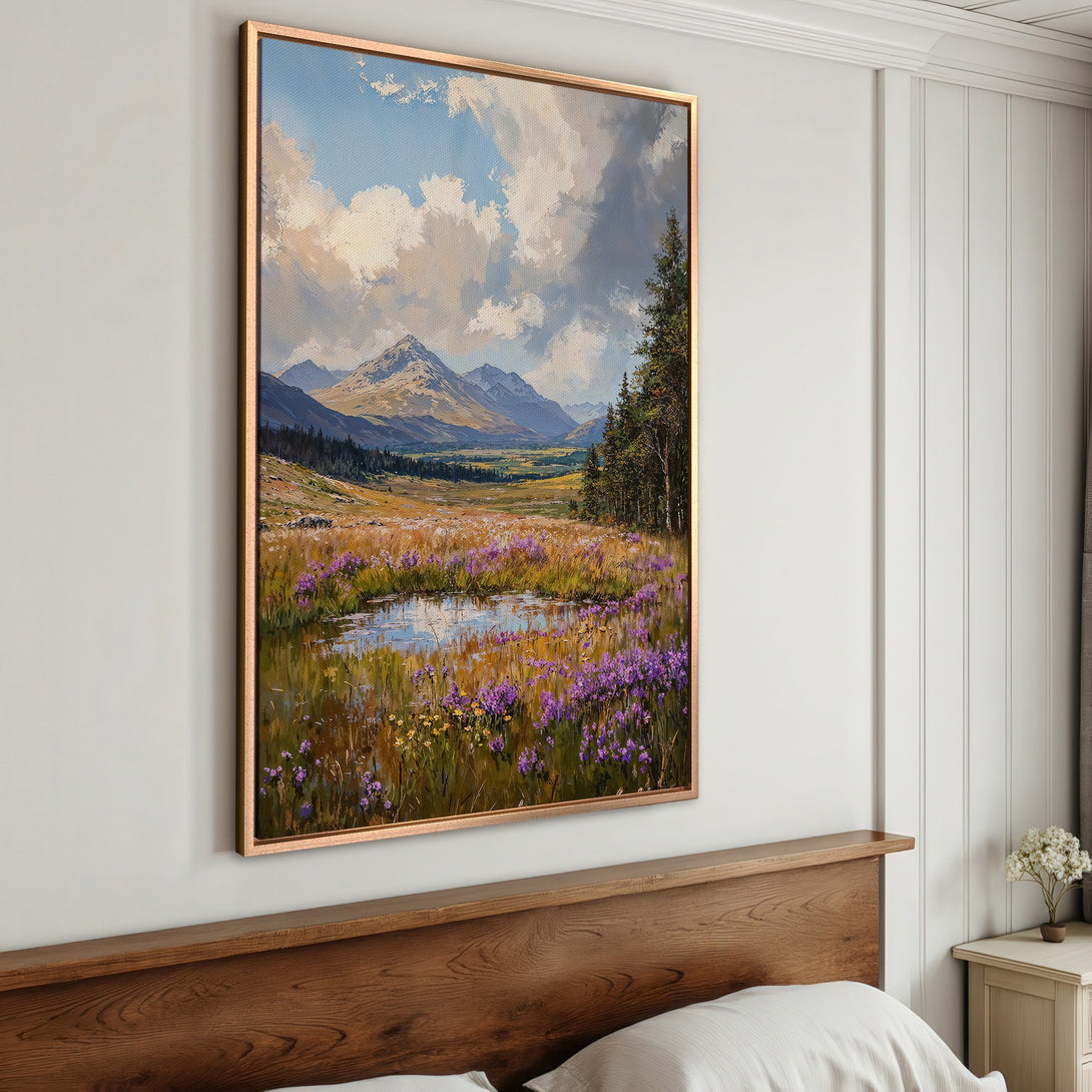 Framed Wall Art: Landscape Canvas Print of a mountain scene with a pond, featuring vibrant purple and gold hues. Perfect for any room!