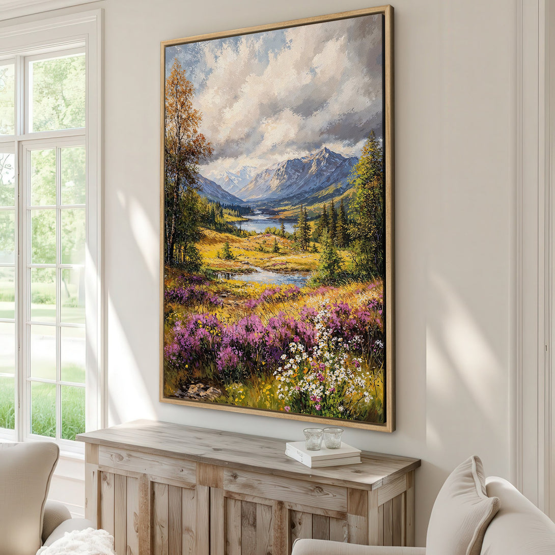 Framed Wall Art: Stunning mountain landscape canvas print with vibrant wildflowers. Earthy tones and a touch of purple create a serene, nature-inspired aesthetic.