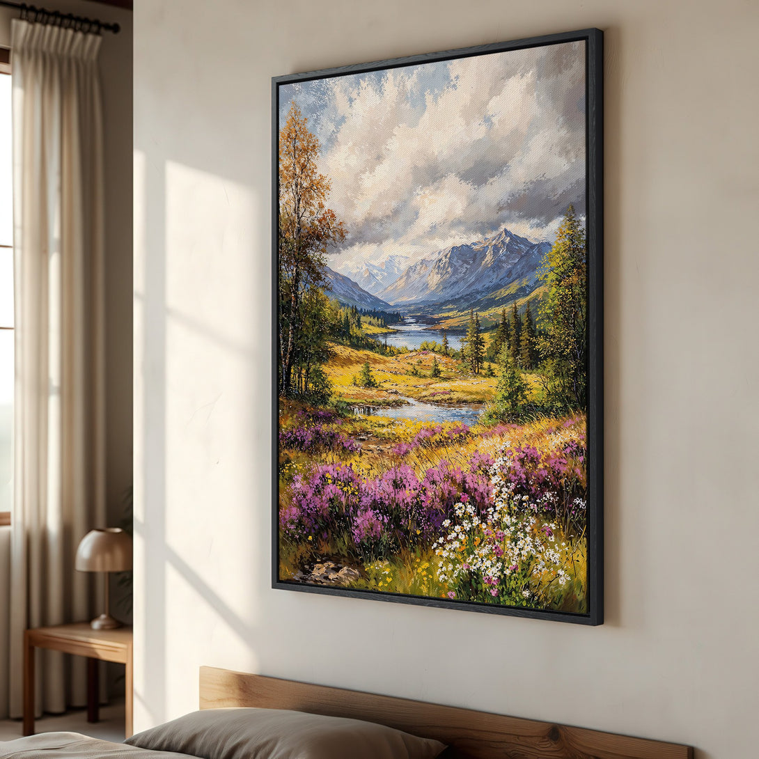 Framed Wall Art: Stunning landscape Canvas Print. Vibrant colors and brushstrokes capture a mountain scene. Perfect for adding a touch of nature to your home decor.