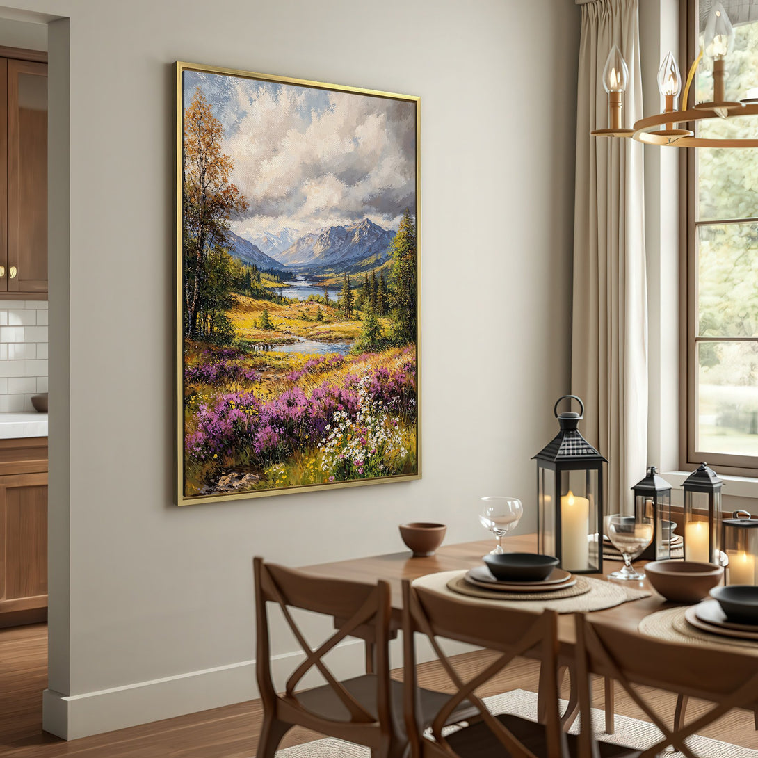Canvas Print of a mountain landscape painting in a rustic interior, featuring vibrant colors and a serene, natural style.